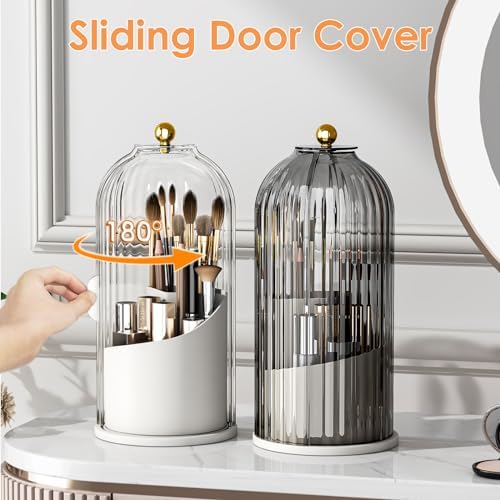 YOOLENS Makeup Brush Holder with Lid 360 Rotating Clear Dustproof Make Up Organizers for Vanity Bathroom Countertop, Transparent