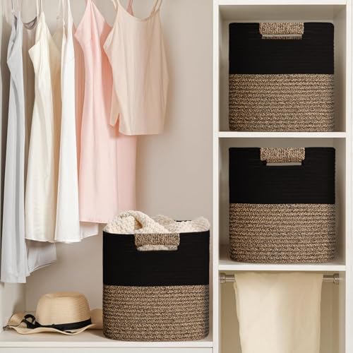 11 Inch Storage Cubes, 3 Pack Cube Storage Bins for Organizing, Cotton Rope Woven Baskets for Shelves, Bathroom, Kids Room, Closets, Baby Nursery