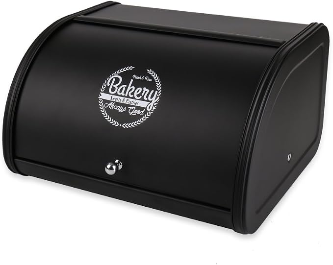 Home by Jackie Inc X458 Black Metal Bread Box/Bin/kitchen Storage Containers with Roll Top Lid (Black) | Large Space, Keeps Bakery Items Fresh Longer, Stores Cookies, Bagels, Muffins