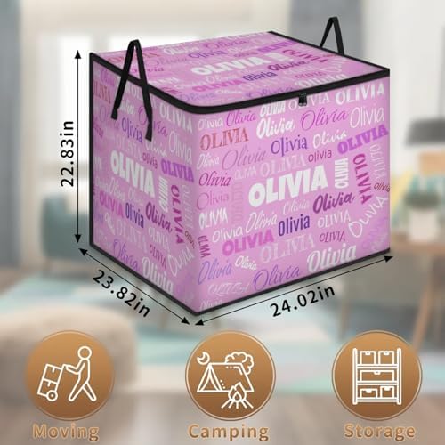 Custom Name Large Clothes Storage Organization with Lids, Kids Toys Bin Shelf Basket, Bedding Clothes Towel Storage Bin for Nursery, Gift Basket, Pet Basket, Light Pink Background