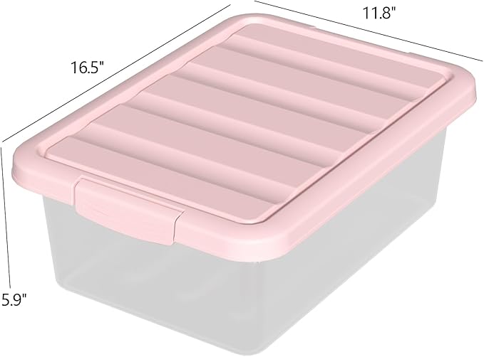 14 Quart Plastic Storage Latching Bin Box with Pink Lids, 2 Packs | Flat Under Bed Organization Latch Tote Containers with Lid