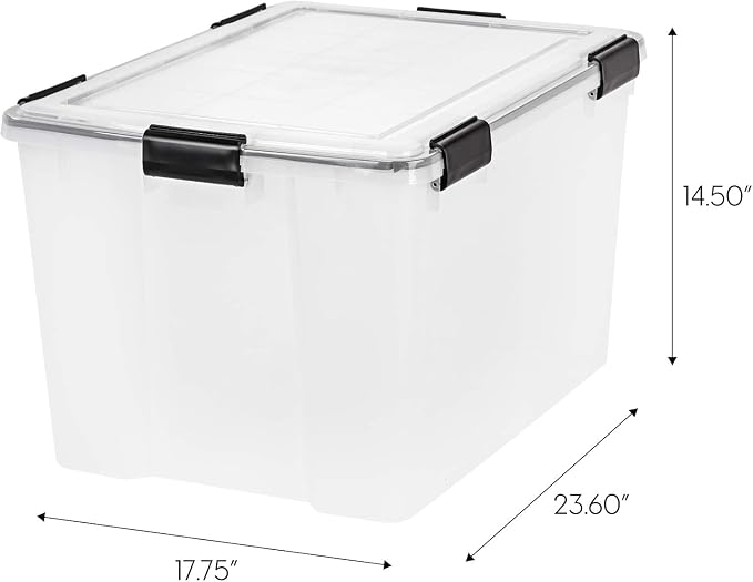 IRIS USA WeatherPro Storage Bins with Lids, 74 Qt Plastic, 4 Pack | Weather-tight gasket protects clothing, food, camping gear, tools, photos, and keepsakes from moisture, dust, and pests.