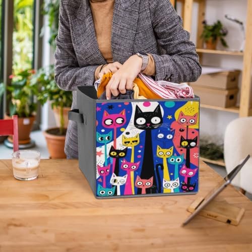 Cats Colorful Storage Bin with Handles, Oxford Fabric Foldable Storage Cube Organizer for Clothes, Towels, Bedroom, Living Room, Home Organization