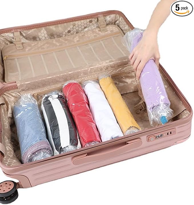 [Free ZipBag] Home/Travel Storage Vacuum BagsSet 5PCS/Set Travel Set Handroll Compression Packing Organizers Plastic Bag (Transparent) (Large 40 * 60CM)