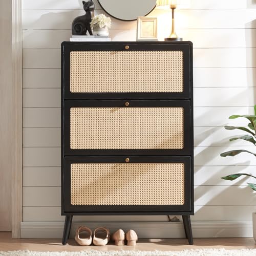 Rattan Shoe Cabinet with 3 Flip Drawers, Black Slim Shoe Storage | 24 Pairs Narrow Freestanding Shoe Cabinet for Entryway, Curved Corner, Solid Wood Legs, Boho Style, Open Back Ventilation