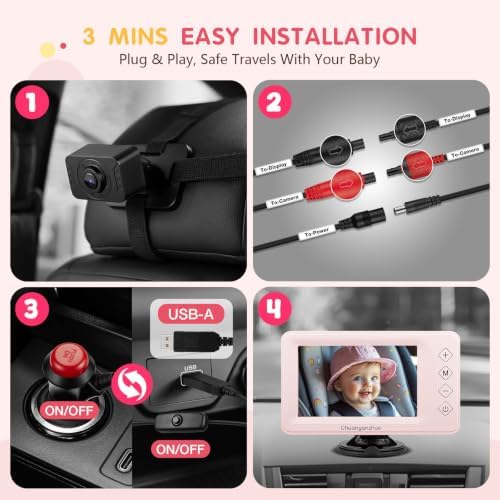 S100P Baby Car Camera with Ultra Night Vision, 5'' HD 1080P IPS Baby Car Monitor with 3X Zoom, Backseat/Carseat/Rear Seat Camera USB, Easy No-Damage Install, Safety for Infants and Pets (5 inch Pink)