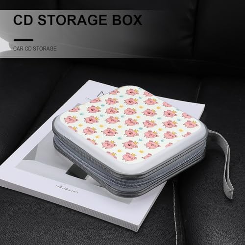Hard Plastic Protective CD Case Crown Cute Pink Pig, 40-Disc Capacity Storage Binder with Zipper, Portable Organizer for Home Office