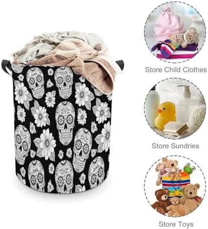 Waterproof Foldable Basket with Handles Floral Sugar Skulls Black, Large Capacity Laundry Hamper for Clothes, Toys, and Home Organization
