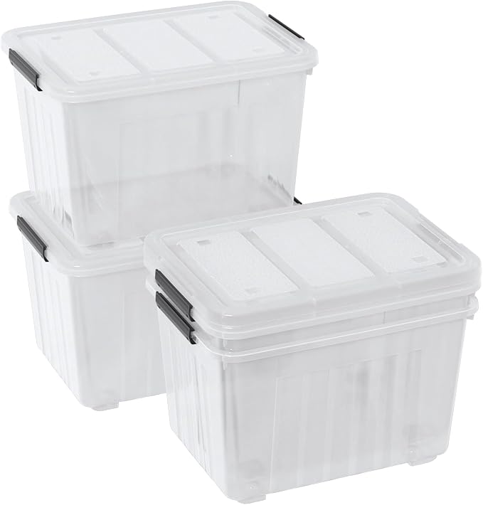 70 L Large Clear Storage Box, 4-Pack Storage Bin with Lid & Wheels | Durable Plastic Material, with Black Latches