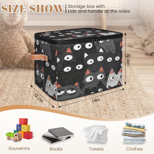 Black Cat Print Storage Box with Zipper Lid | Collapsible, Fabric, Storage Bin, Handle, Large, Closet Organizer, Containers, Bedroom, Home, Cat Faces