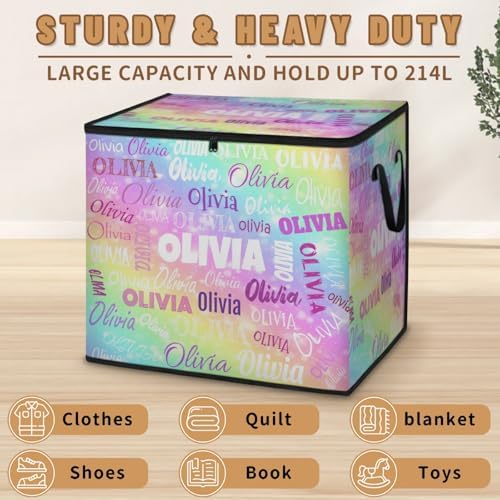 Personalized Storage Bins with Lid, Customized Name Jumbo Storage Basket Rectangle Clothes Organizer for Organizing Kids and Pets Toys Shelf Closet, Colorful Galaxy with Stars