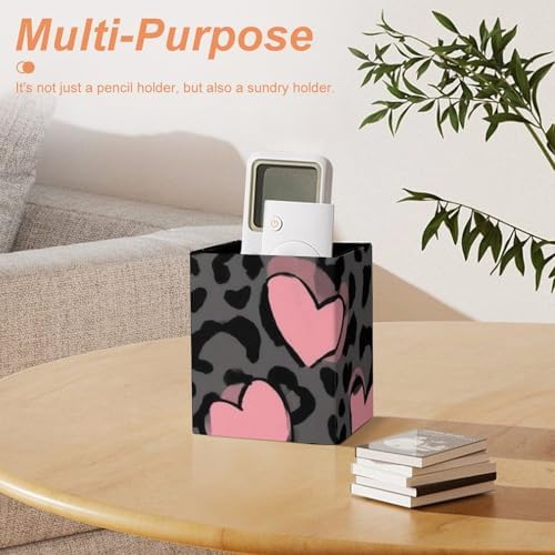Fashion Leather Pen Holder Desktop Stationery Organizer Makeup Brush Cup Love Heart Dark Gray Black Leopard Cheetah Print