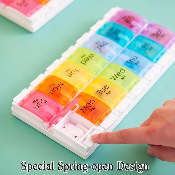 Push Button 7-Day Pill Case, Daily Travel Vitamin Medicine Planner | Twice a Day AM PM 14 Compartments Pill Box Organizer Reminder for Fish Oil, Supplement, Arthritis Friendly, Colorful Lids