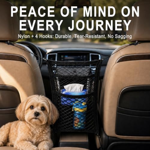 3-Layer Car Mesh Organizer, Dog Barrier Between Front Seats, Elastic Seat Back Net Bag for Kids, Pets, Tissue, Purse, Storage Pouch, Stretchable for SUV Van Truck