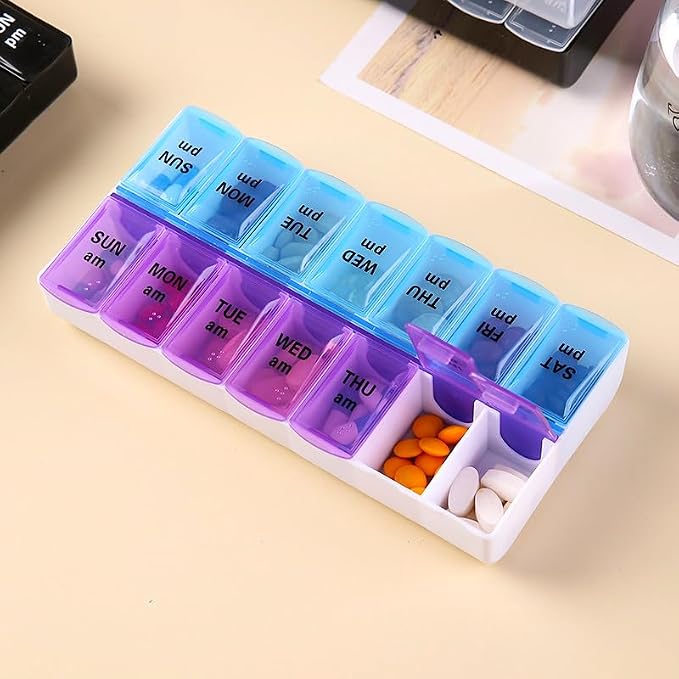 Weekly Pill Organizer Case, Travel Daily Medicine Meds Dispenser | Twice a Day, Vitamin Tablet Container Planner Box for Medication, Fish Oil, Capsule, AM, PM, Morning, Bedtime, Purple + Blue