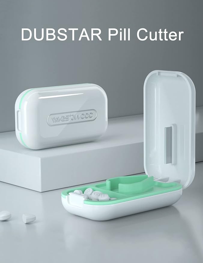 DUBSTAR Pill Cutter Splitter for Small and Tiny Large Pills Portable White | Pill Cutters with Removable Silicone Pad, Tablet Splitters Cuts Vitamins Tablets for Purse Pocket