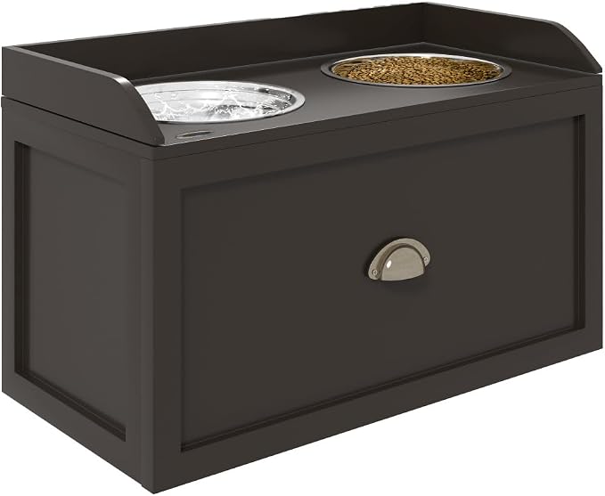 Elevated Dog Feeding Station with Storage Drawer and 2 Stainless Steel Bowls for Large Dogs, Coffee Finish MDF Pet Food Organizer