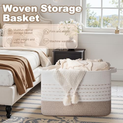 OIAHOMY 108L Extra Large Blanket Basket, 25”x16”x16” Rectangle Woven Cotton Rope Baskets for Living Room, Toy Storage with Handle- Gradient Light Brown