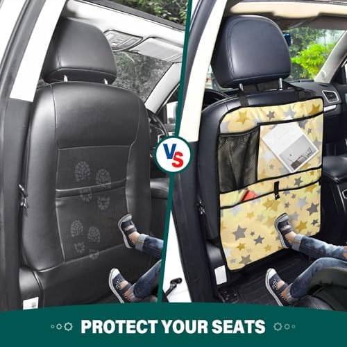 2 Pack Back Seat Car Organizer with Storage Pockets Kick Mats Back Seat Protector Hanging Car Organizer Automotive Seat Back Cover Organizers Cute Silver and Golden Stars