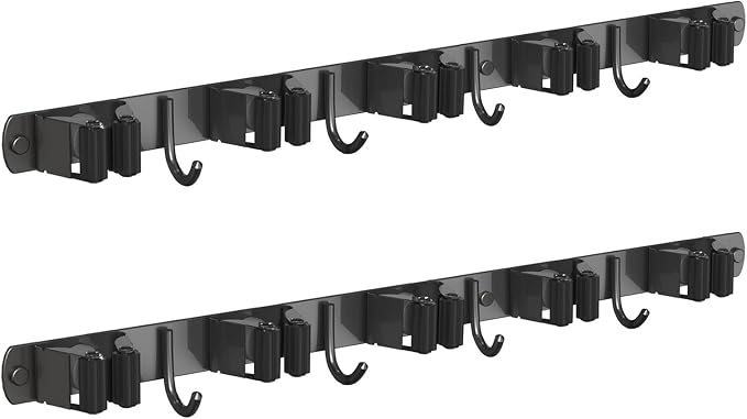 CUXIXA 2 Pack Mop and Broom Holder Wall Mount, Non-slip Broom Hanger Wall Mount, Heavy Duty Mop Broom Organizer for Kitchen Garden Garage Laundry Room Wall Decor Organization and Storage Black 5R4H