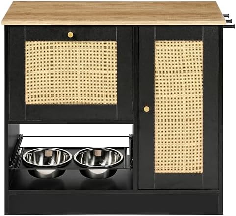 Pet Feeding Station Cabinet with Hidden Pull Out Elevated Stainless Steel Bowls, Rattan Doors, Side Hooks, Anti Tipping Kit, Storage Lockers, Organizer for Food, Treats, Toys, Leashes, Supplies