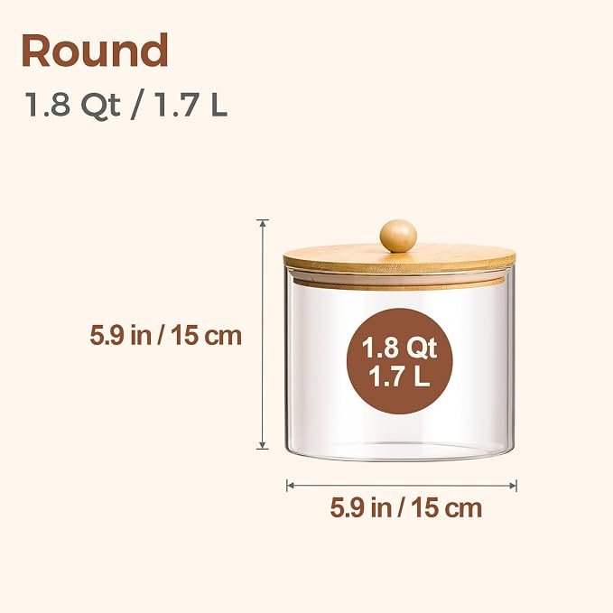 ComSaf Glass Storage Jars with Bamboo Lids 1.8 Qt 2 Pack Large Round | Flour Sugar Coffee Beans, Pasta Cereal Dry Food, Large Capacity, Kitchen Storage, Cabinet Organization,Clips included