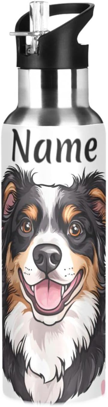 Custom Name Bernese Dog Hearts Water Bottle with Straw Lid Kids Insulated Stainless Steel Water Flask Sports, 20 Oz Hot Cold