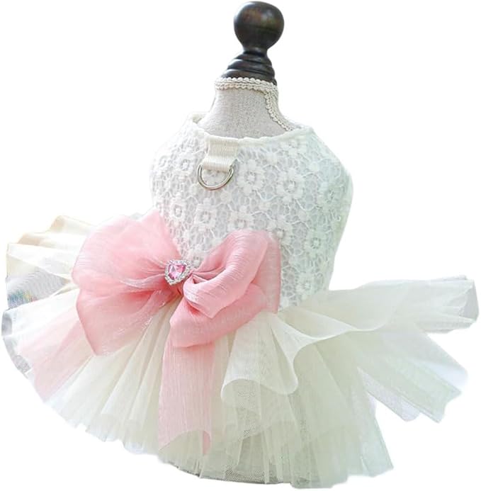 Dog and Cat Girl Bow Dress, White Dog D-Ring Wedding Dress with Pink Bow, Cat Birthday Set, Chihuahua York Pomeranian Cat Pet Party Dress (Pink Bow-Princess, Small)