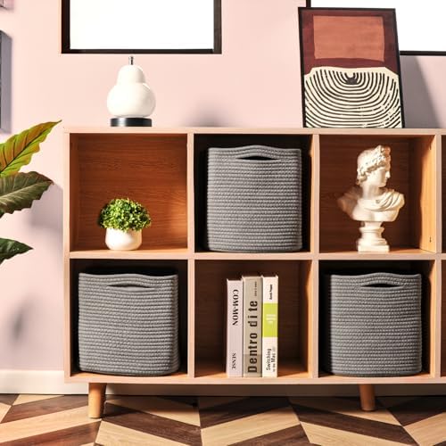 ICERZCZ 11 Inch Cube Storage Bins, Storage Cube Organizer Bins, Woven Cotton Rope Basket for Storage, Storage Baskets for Organizing Shelves, Grey Baskets for Toys Nursery, Grey (Pack of 3)