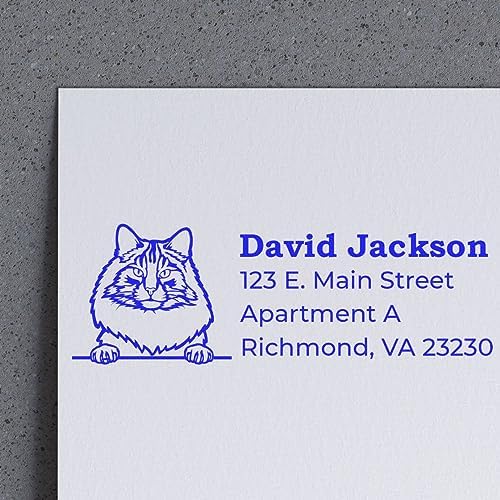Peeking Norwegian Forest Cat Wood Handle Address Stamp - Clear Imprint | Mailing Stamp for Animal Lovers. Your name and address. Norwegian Forest Cat New Home Address Stamp Made to Order.