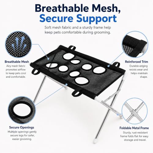 Foldable Pet Bathing Stand, Pet Grooming Hammock with Quick-Dry Mesh, 8-Hole Design, Metal Frame & Securing Strap for Small Dogs Cats Washing, Nail Trimming, Brushing (Coffee)