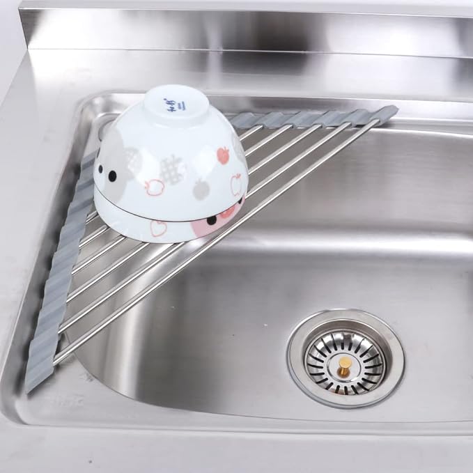 Ahyuan Roll up Dish Drying Rack Over The Sink Kitchen Roll up Sink Drying Rack Portable Dish Drainer Foldable Dish Drying Rack (Warm Gray, Triangle 16.3''X9.4'')