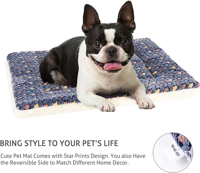 Mora Pets Cat Bed Ultra Soft Dog Crate Pad Star Print 2 Pack 18 inch Blue | Washable Crate Mat for Small Dogs and Indoor Cats, Reversible Fleece Dog Kennel Pad, Flat Pet Bed, Cat Carrier Mat