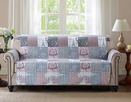 Brilliant Sunshine Latte Grey Paris & Toile Patchwork Couch Cover, 70" seat | Quilted Sofa Cover, Living Room & Bedroom Furniture Protector, Large Washable Slipcover for Pets, Dogs & Cats