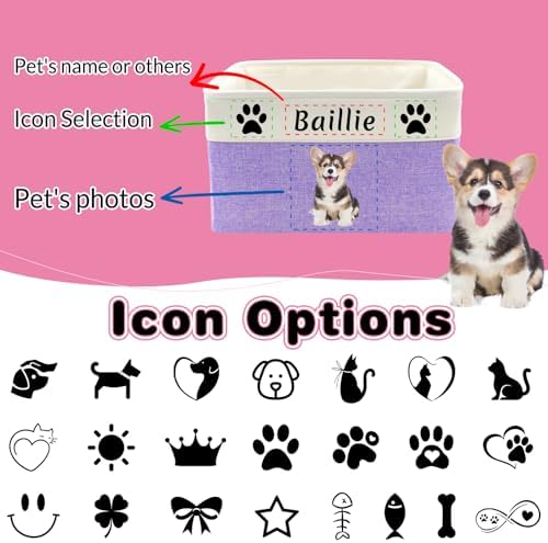Personalized Dog Toy Basket with Name Photo Custom Cat Storage Organizer Box Collapsible Pet Chest Bins Customized for Toys Clothing-Purple