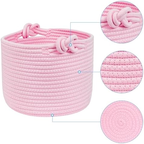 ABenkle Small Woven Basket, Cotton Rope Shelf Storage Basket, Small Round Basket, Cute Basket, Decorative Round Bin for Nursery Bedroom Bathroom, 9.4" x 9.4"x 7.1" Empty Gift Basket- Pink