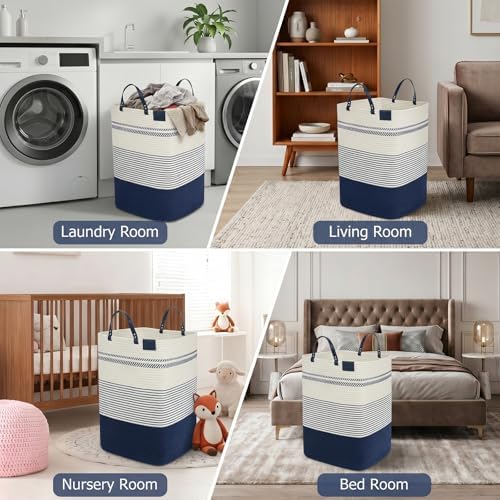 danpinera 100L Nursery Hamper, Tall Woven Laundry Basket with Long Leather Handles, Boho Laundry Hamper for Living Room, Eco-friendly & Convenient Decorative Storage Basket, White & Navy Blue