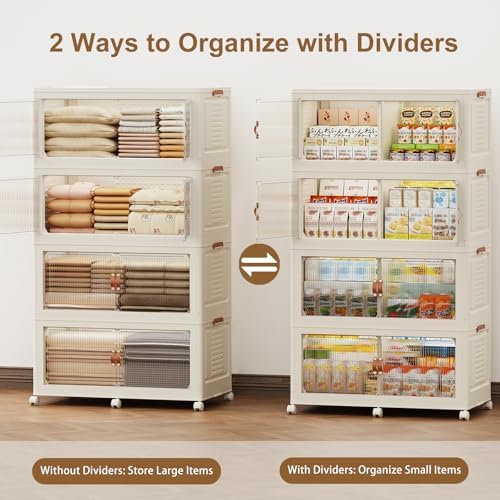 SAILUN 760Qt Stackable Storage Bins,Storage Cabinet with a Lid,4 Pack Cream