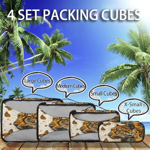 Leopard 4 Set Packing Cubes Luggage Organizer Bags for Travel Accessories and Essentials, Butterfly Leopard Print