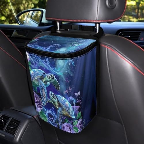 DISNIMO Underwater Sea Turtle Car Trash Can with Lid Collapsible Reusable Car Garage Bag Trash Bin, Automotive Garbage Can,Car Accessories Interior Car Organizer Black