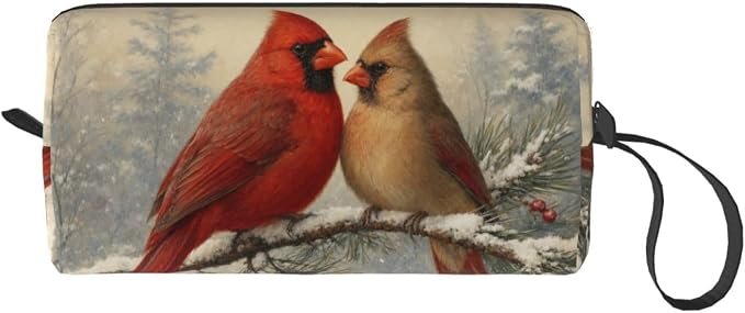 Cardinal Pair on Snowy Pine Makeup Bag for Women, Cosmetic Pouch | Double-Sided Winter Cardinal Cosmetic Organizer with Foam Padding for Women, Travel, Gym, School, and Daily Storage