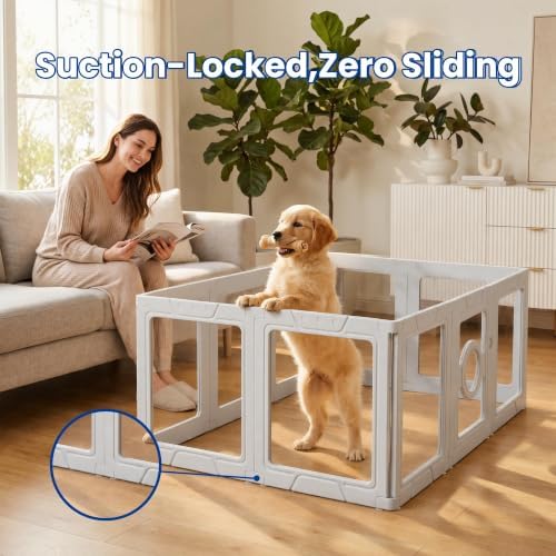 LEVELEVE Clear Acrylic Dog Playpen Indoor, Small Pet Play Pen for Puppy Cat Rabbit, Portable Dog Fence Crate Kennel Whelping Cage, 24" Height, White, 10 Panels
