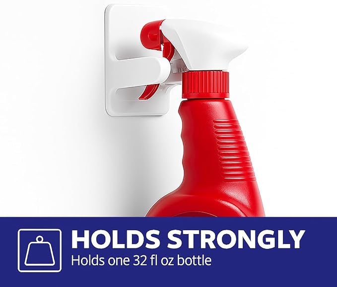 6 Spray Bottle Holder, Spray Bottle Hangers - Cleaning supplies organizer - Chemical spray bottle holder wall mount - Professional commercial sprayer bottle caddy up to 32 oz - White, 6 Pack