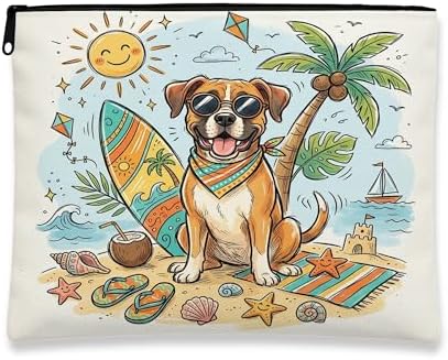 Cute Boxer Dog Makeup Bag, Coastal Beach Shells Cosmetic Travel Pouch for Women Girls, Portable Small Canvas Zipper Organizer, Pet Toiletry Bag 7x9 Inch