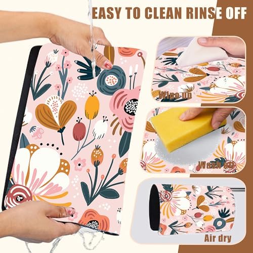 Dish Drying Mat Pink Flowers Berries Leaves Coffee Bar Mat for Countertop Absorbent Hide Stain Rubber Backed Dish Drainer Rack Pad Espresso Machine Dining Room Decor 15.7 x 23.6 Inch
