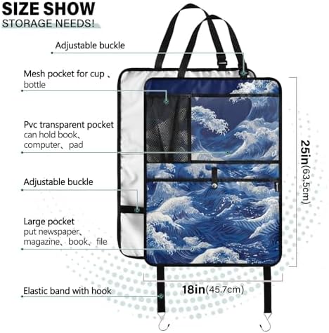 2 Pack Back Seat Car Organizer with Storage Pockets Kick Mats Back Seat Protector Hanging Car Organizer Automotive Seat Back Cover Organizers Japanese Deep Blue Sea Waves