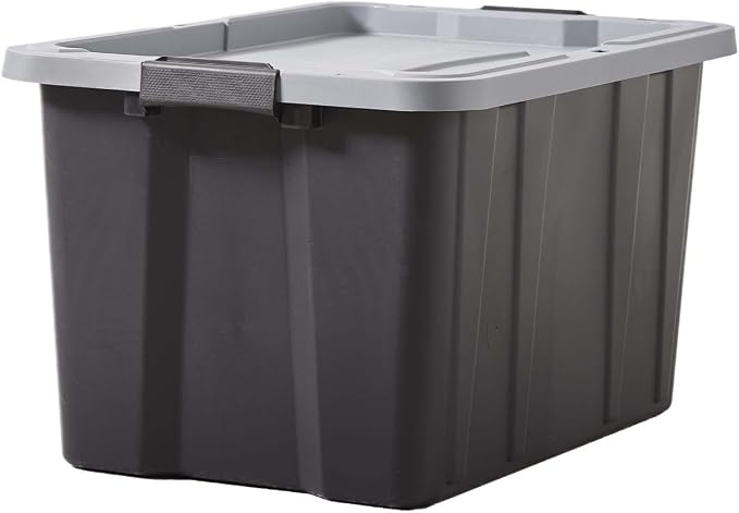27 Gallon Heavy Duty Plastic Storage Bin With Latch Lid, Black Base & Gray Stackable Lockable Container With Ergonomic Handles For Garage Basement Shed Indoor & Outdoor Gear Organizer