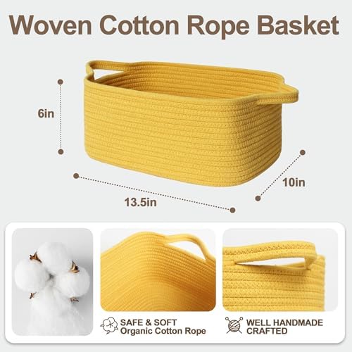 Cute Yellow Gift Basket, Woven Baskets for Gifts Empty, Cotton Rope Storage Bin for Organizing, Cat Dog Toy Box, Baby Nursery Organizer, Wicker Easter Basket with Handle, Yellow Room Decor