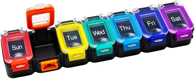 Ezy Dose Weekly (7-Day) Pill Organizer, Medicine Planner, Rainbow/Black | Daily Vitamin & Supplement Case, Waterproof Locking Compartments to Secure Prescription Medication, Travel-Friendly, BPA-Free