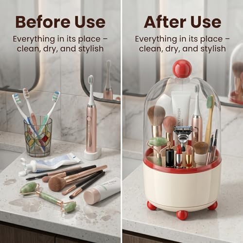 360°Rotating Toothbrush Holder with Cover, Dustproof Electric Toothbrush and Toothpaste Holder for Bathroom Countertop, 3 Slots Makeup Brush Organizer & Bathroom Storage (Red and White)
